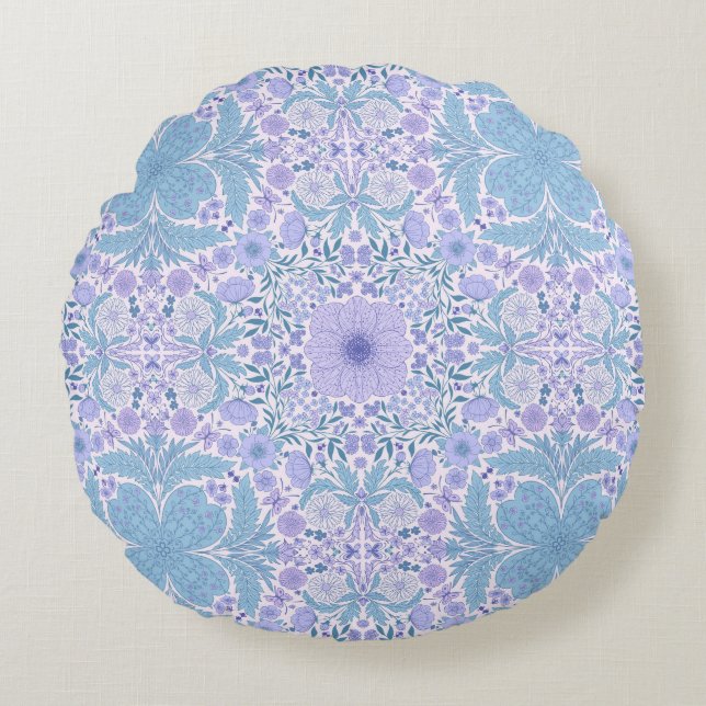 Almofada Redonda Flores de jardim retrô em azul e violeta (Frente)