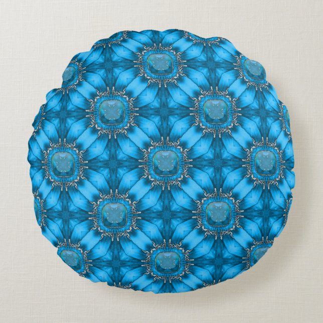 Almofada Redonda Flores de Metal Azul com Padrão de Gems (Frente)