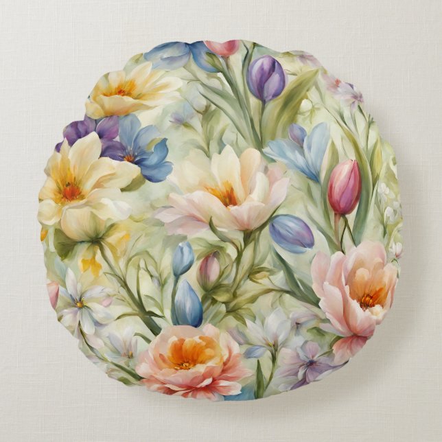 Almofada Redonda Flores de primavera sofisticadas e refinadas. Pint (Frente)