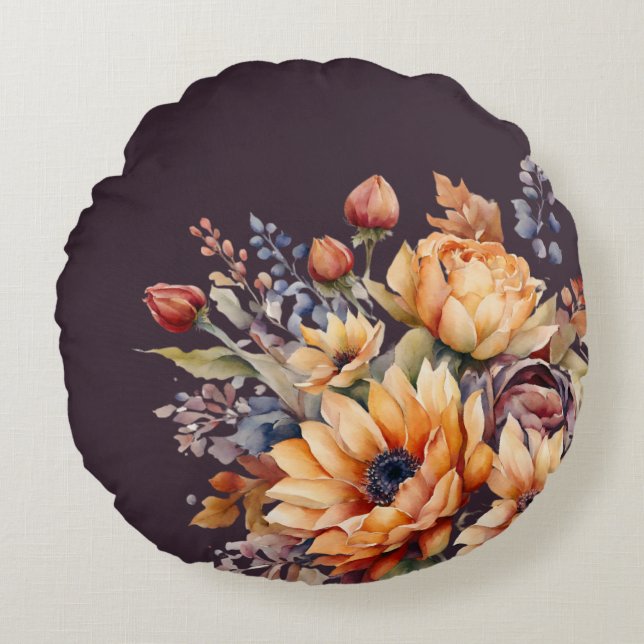 Almofada Redonda Flores de queda de aquarela Travesseiro decorativo (Frente)