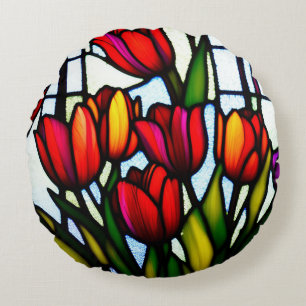 Almofada Redonda "Flores de Vidro Colorido: Tulipas em Vitral"
