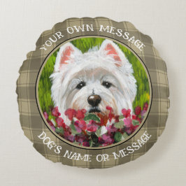 Almofada Redonda Flores de Westie e Rosa