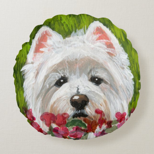 Almofada Redonda Flores de Westie e Rosa (Frente)