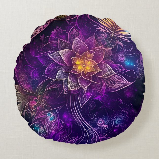 Almofada Redonda Flores de ximersão roxa mágica (Frente)