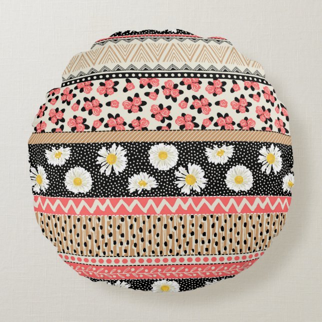 Almofada Redonda Flores Decorativas: Padrão de Azulejo de Patchwork (Frente)