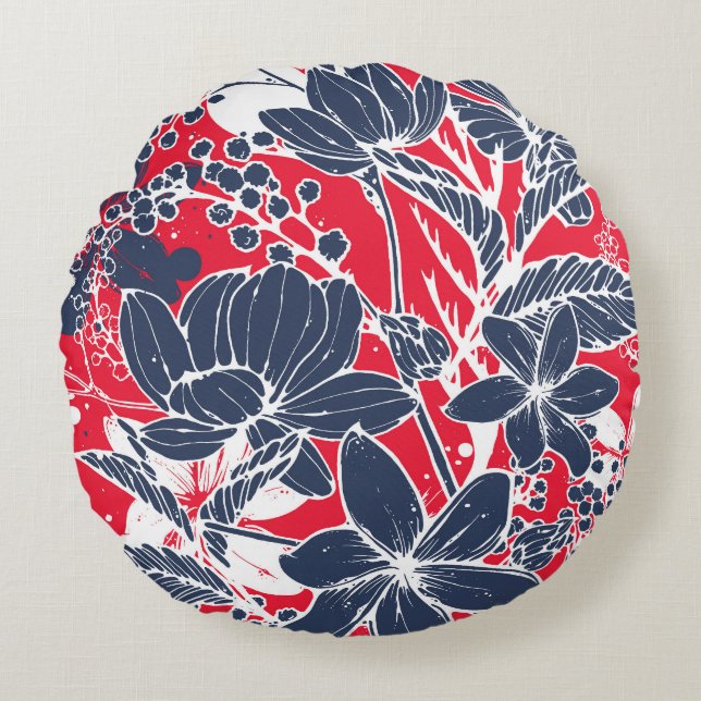 Almofada Redonda Flores Desenhadas À Mão, Padrão Elegante. (Frente)