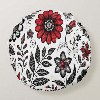 Almofada Redonda Flores e folhas rabiscadas em vermelho e preto