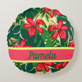 Almofada Redonda Flores e folhas tropicais