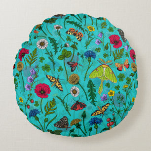 Almofada Redonda Flores e mariposas selvagens em teal