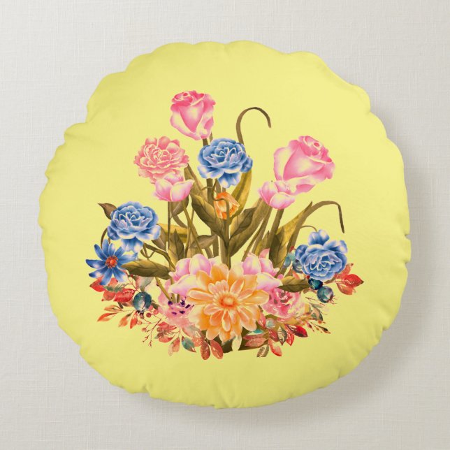 Almofada Redonda flores em fundo amarelo (Frente)