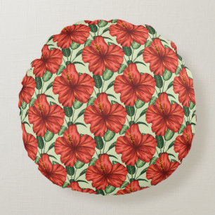 Almofada Redonda Flores florais tropicais, sem costura, flores verm