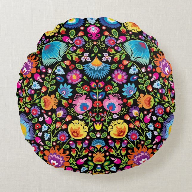 Almofada Redonda Flores folclóricas Wycinanki preto (Frente)