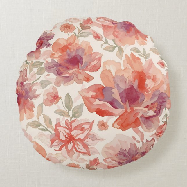 Almofada Redonda Flores Pastel Aquarela Laranja Claro (Frente)
