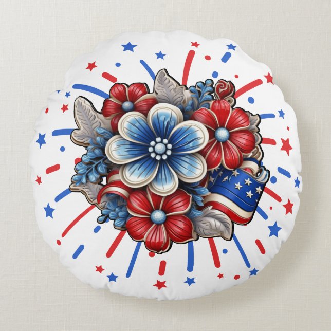 Almofada Redonda Flores Patrióticas em Vermelho Branco e Azul 4 de  (Frente)