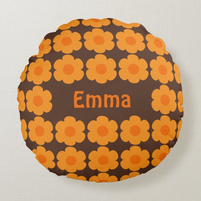 Almofada Redonda Flores Personalizadas Castanho e Laranja dos anos  (Frente)