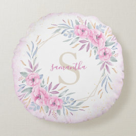 Almofada Redonda Flores Rosa Escamudo Monograma Elegante Aquarela