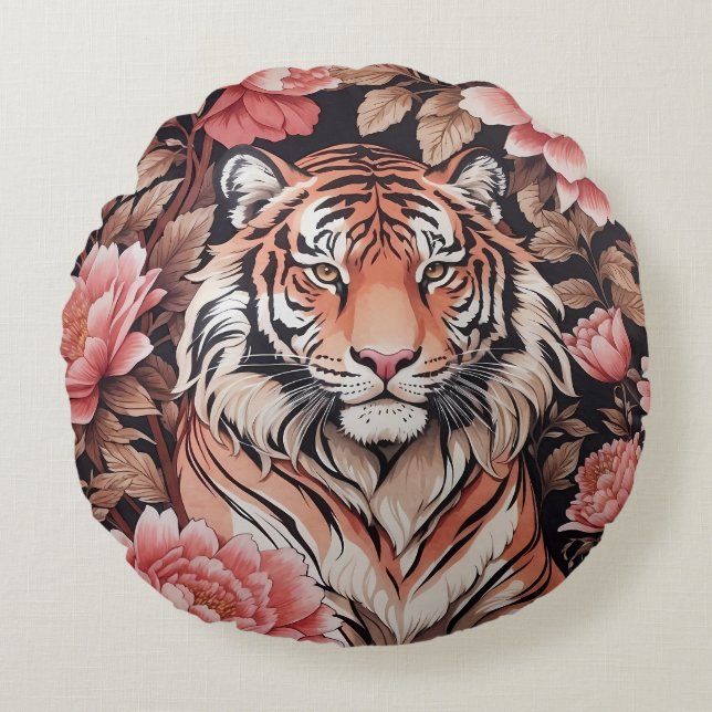 Almofada Redonda Flores Rosa Tigre em Mesmerização (Frente)
