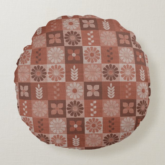 Almofada Redonda Flores Rustic Brown Burlap Saem do Travesseiro Red (Frente)