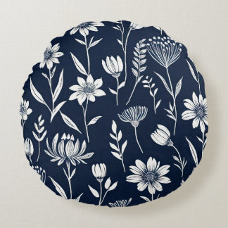 Almofada Redonda flores silvestres azuis e brancas - Estilo impress