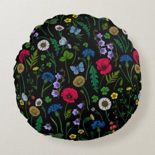 Almofada Redonda Flores silvestres em preto