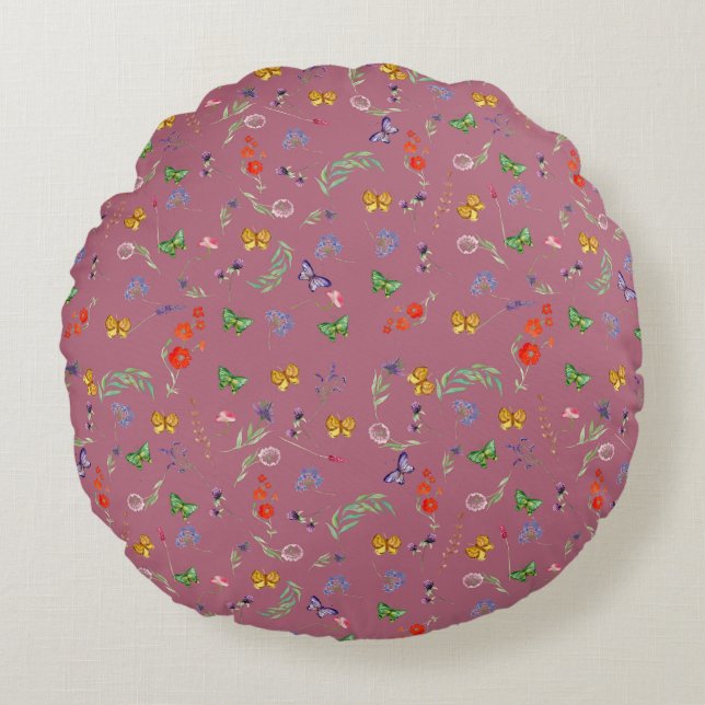 Almofada Redonda Flores silvestres românticas com padrão (Frente)