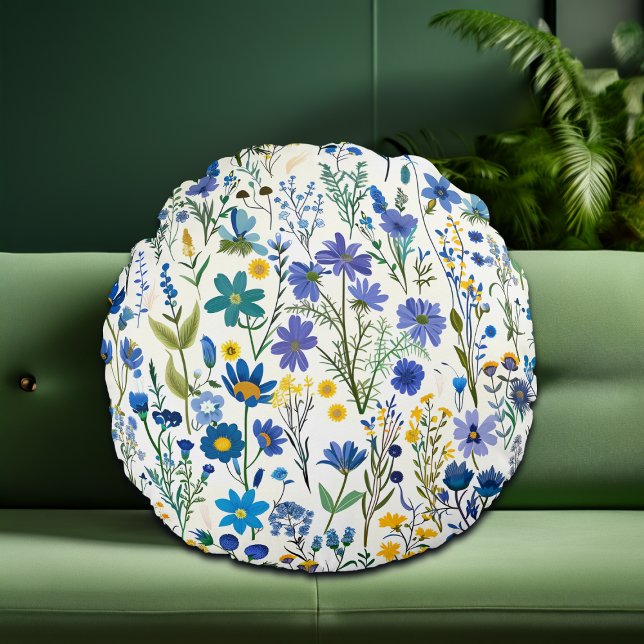 Almofada Redonda Flores silvestres Russas do Jardim Azul (Criador carregado)