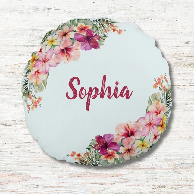 Almofada Redonda Flores Tropicais De Rosa Monogramadas Botânica Flo (Close up)