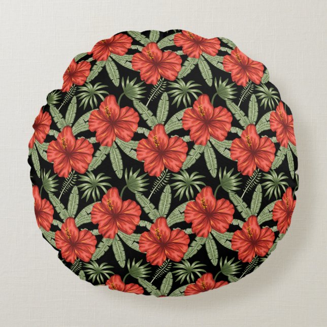 Almofada Redonda Flores tropicais vermelhas Folhas verdes (Frente)