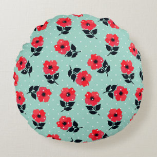 Almofada Redonda Flores Vermelhas Românticas, Design Flóridas