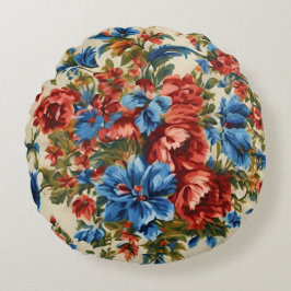 Almofada Redonda Flores Vermelhos e Azuis Espelhadas com Folhas Esc