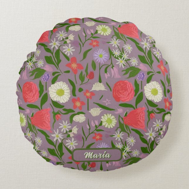 Almofada Redonda Flores Violetas Brancas E Rosa (Frente)