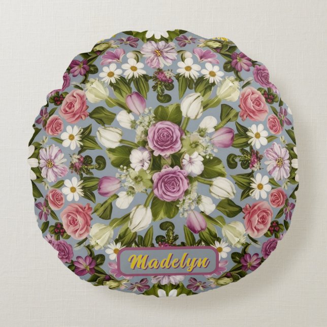 Almofada Redonda Flores Violetas Brancas E Rosa (Frente)