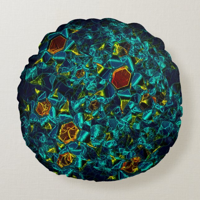 Almofada Redonda Flores virtuais em gradiente azul, estilhaçadas (Frente)