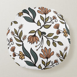Almofada Redonda Flores Whimsical e Buquê de Folhas