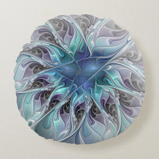 Almofada Redonda Florescer Moderno Abstrato Flor Fractal Azul