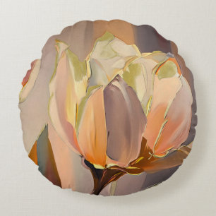 Almofada Redonda Florescimento Silencioso – Tulipas Abstratas em Ou