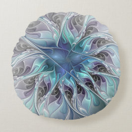 Almofada Redonda Flourar Abstrato Moderno Flor Fractal Com Azul