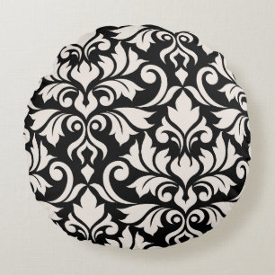 Almofada Redonda Flourish Damask Art I Creme em Preto