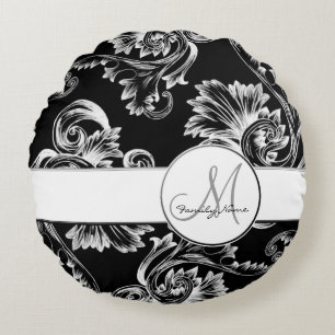 Almofada Redonda Flourish do vintage (branco) (monograma)