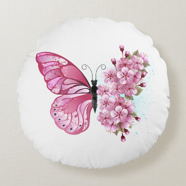 Almofada Redonda Flower Butterfly with Pink Sakura (Frente)