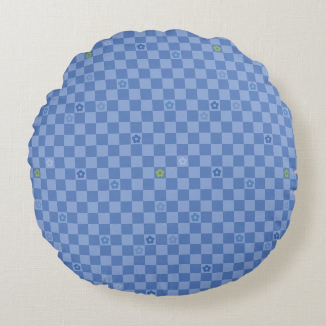 Almofada Redonda Flower Checkered Pattern No. 01 - Light Blue (Frente)
