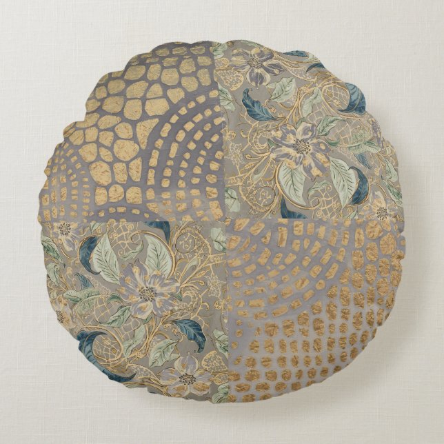 Almofada Redonda Flowers and Golden Giraffe Skin, Grey Background (Frente)