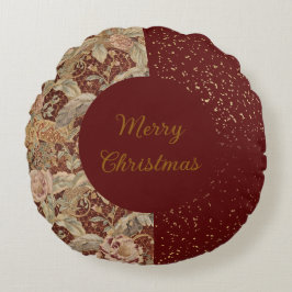 Almofada Redonda Flowers,Burgundi Red Gold Glitter, Merry Christmas