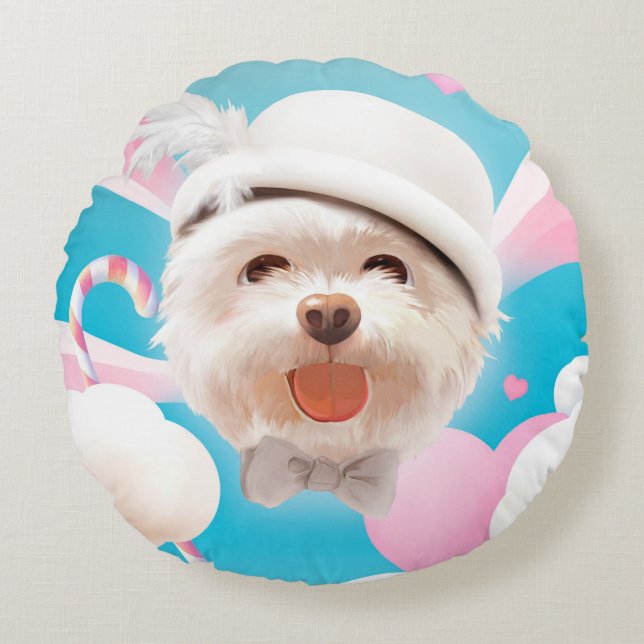Almofada Redonda Fluffy Dog com White Hat (Frente)