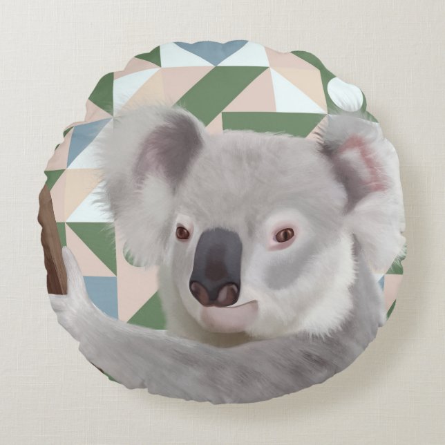 Almofada Redonda Fluffy Koala Green Fundo Geométrico (Frente)