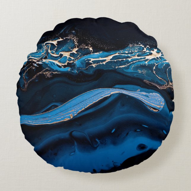 Almofada Redonda Fluido Arte Líquida Metálico Dourado em azul abstr (Frente)