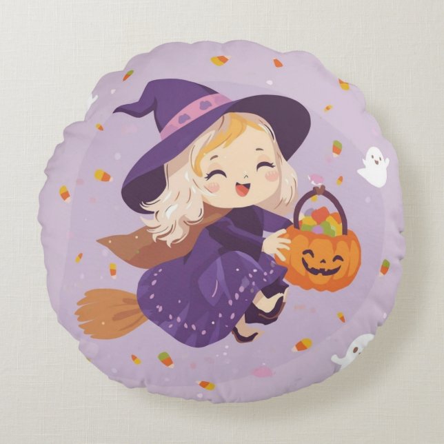 Almofada Redonda Flying Witch with Pumpkin Round Pillow (Frente)