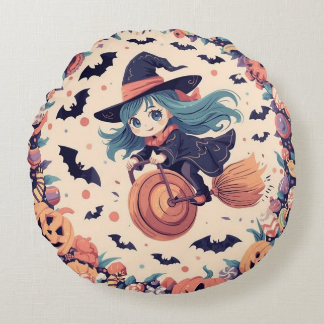 Almofada Redonda Flying Witch with Pumpkins Round Pillow (Frente)