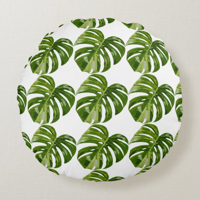 Almofada Redonda Folha de Monstera Albo — Decoração Botânica para C (Frente)