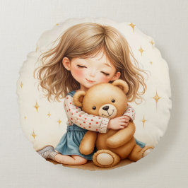 Almofada Redonda Folha de papel do Urso de Teddy Abraçando Garota B